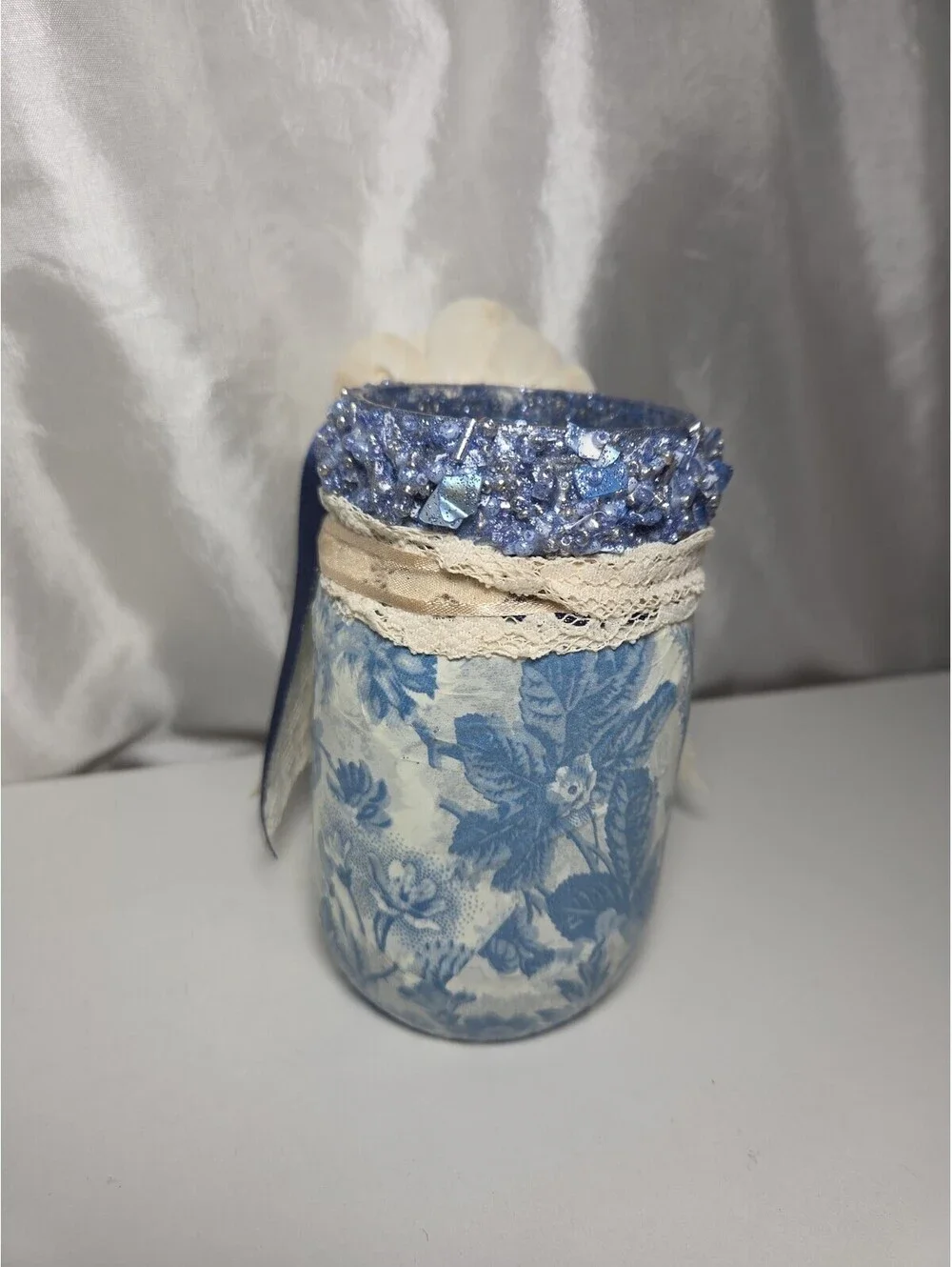 Cottagecore Decoupage Glass Jar  Wood Flower Centerpiece Upcycled Vase Decor